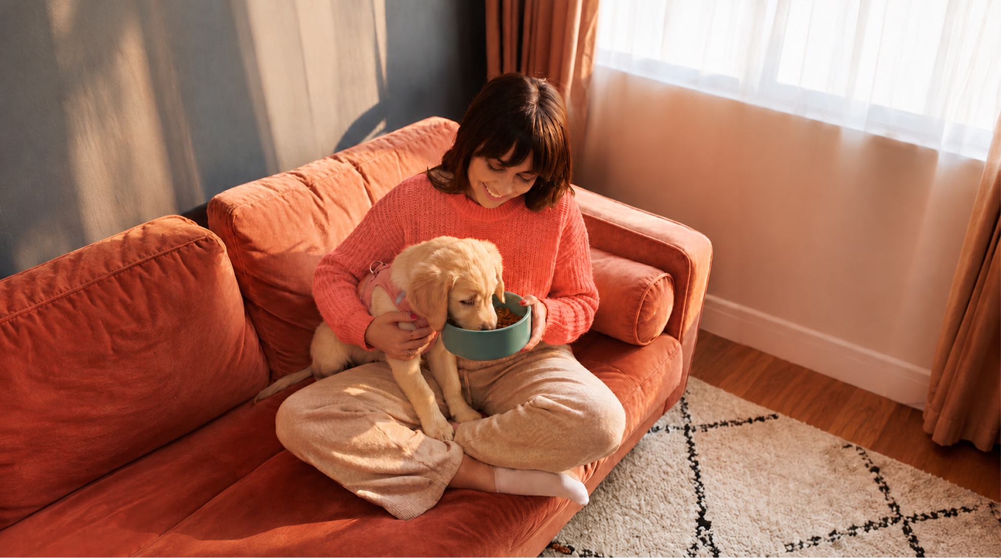 A woman feeding her golden retriever puppy from a Snuggles bowl